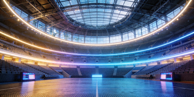 大型体育中心内部，观众席与智能照明系统
