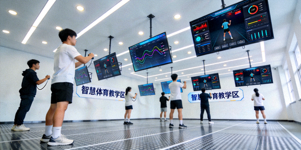 大学智慧体育教室，学生使用互动屏幕