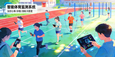 学校体育教育系统，学生在智能设备上进行体育锻炼